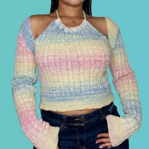 Long Sleeve Crop Top Sweater Nwot New W Out Tags Pink Yellow Blue Ties Behind Ne - Picture 1 of 3